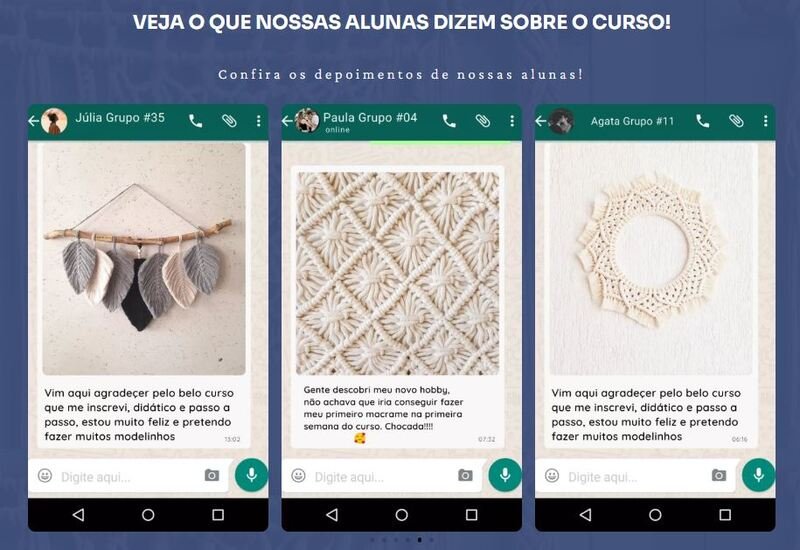 Depoimentos de alunos do curso Academia Macramê na Prática