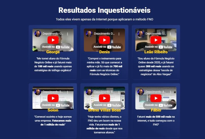 Depoimentos de alunos do curso Fórmula Negócio Online