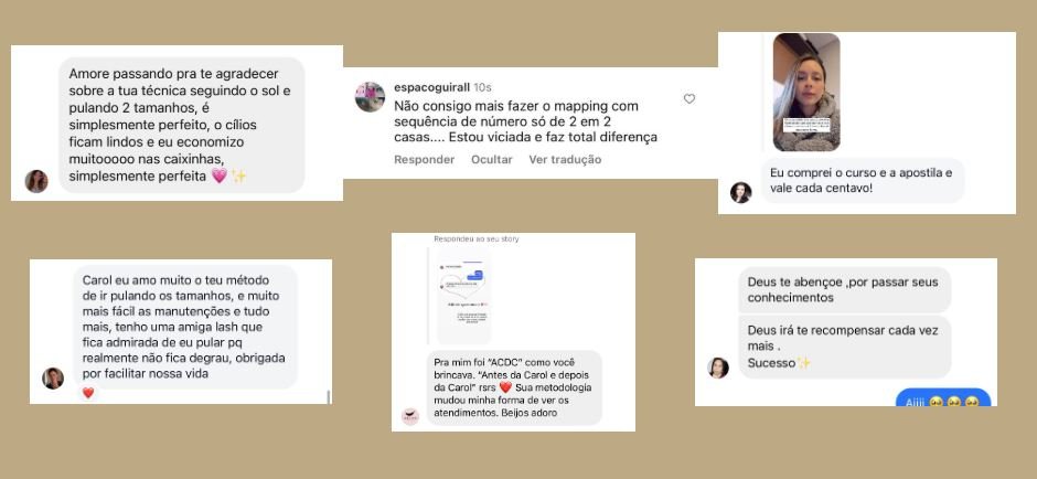 Depoimentos de alunos do Curso Cílios Efeito Rímel da Caroline Pedrini