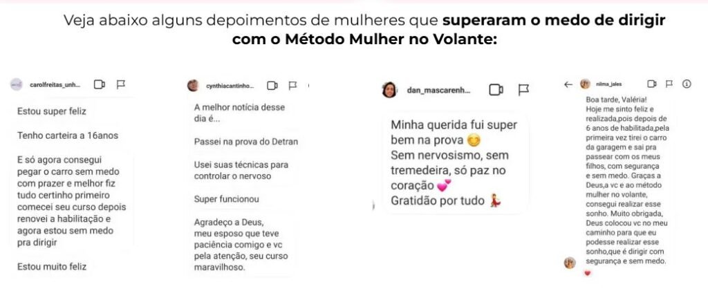 Depoimentos de alunos do Método Mulher no Volante