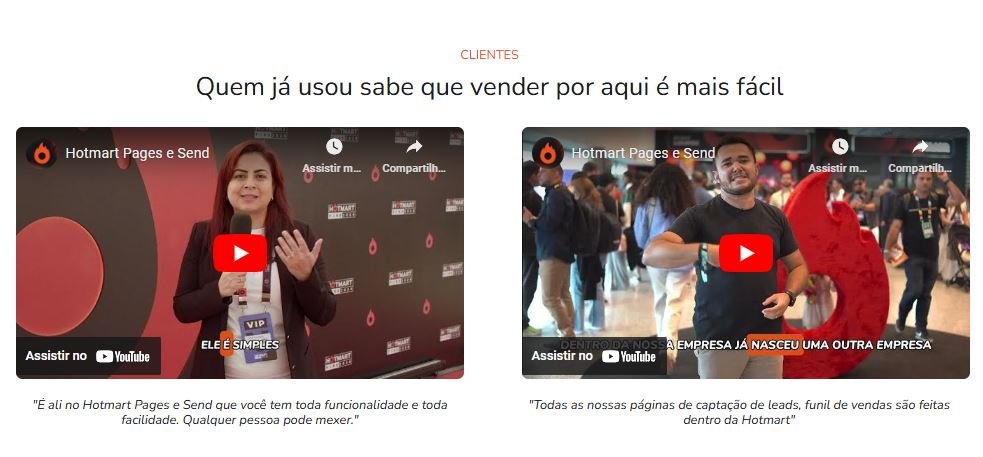Depoimentos de clientes do Hotmart Pages e Send