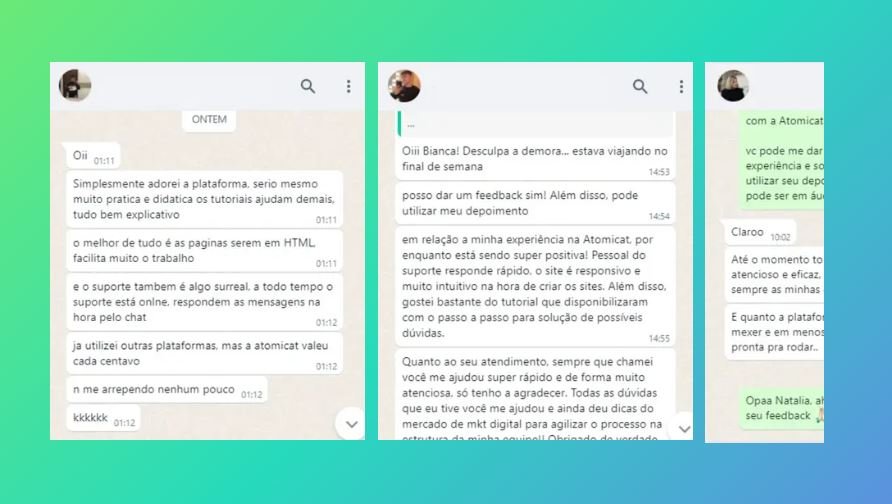 Depoimentos de usuários do Atomicat Builder