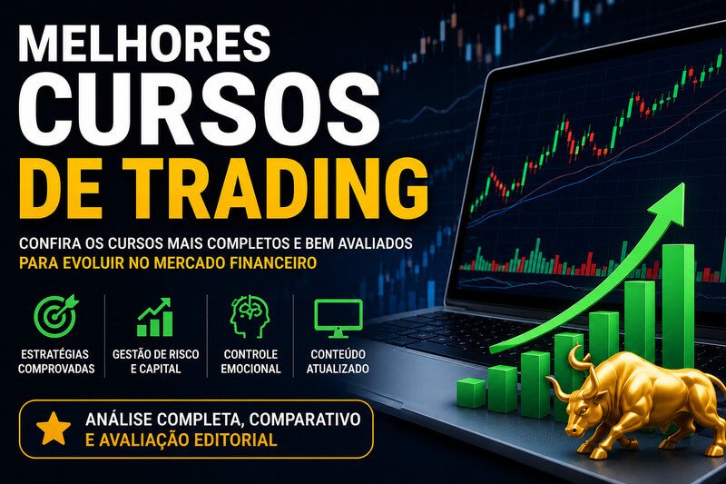 Melhores Cursos De Trading Em 2026 Com Gráficos Financeiros, Computador Exibindo Operações De Mercado E Comparativo Dos Treinamentos Mais Bem Avaliados Para Traders Iniciantes E Avançados.