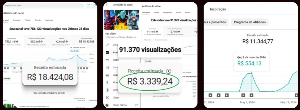 Prints de monetização e visualizações de canais apresentados no Mestres do Algoritmo