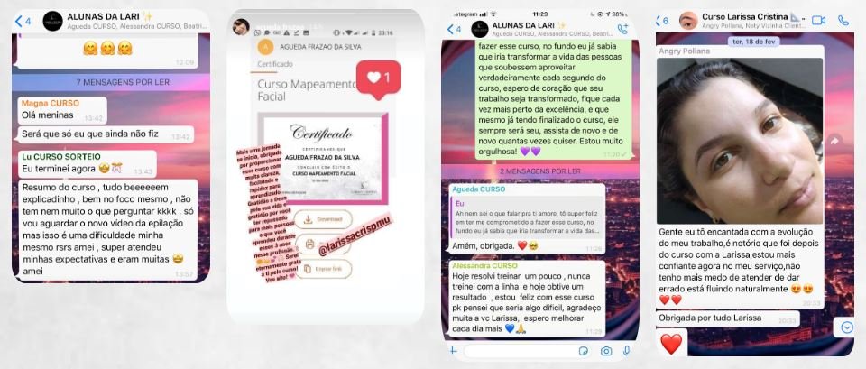 Depoimentos e resultados de alunas que concluíram o Curso de Mapeamento Facial da Larissa Cristina.