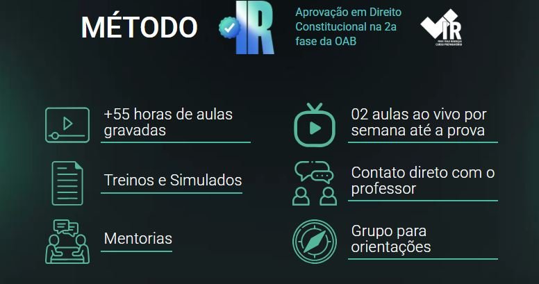 Recursos do Método IR para a 2ª fase da OAB, incluindo aulas gravadas, mentorias, simulados, contato com o professor e grupo de orientações. Recursos do Método IR para a 2ª fase da OAB, incluindo aulas gravadas, mentorias, simulados, contato com o professor e grupo de orientações.