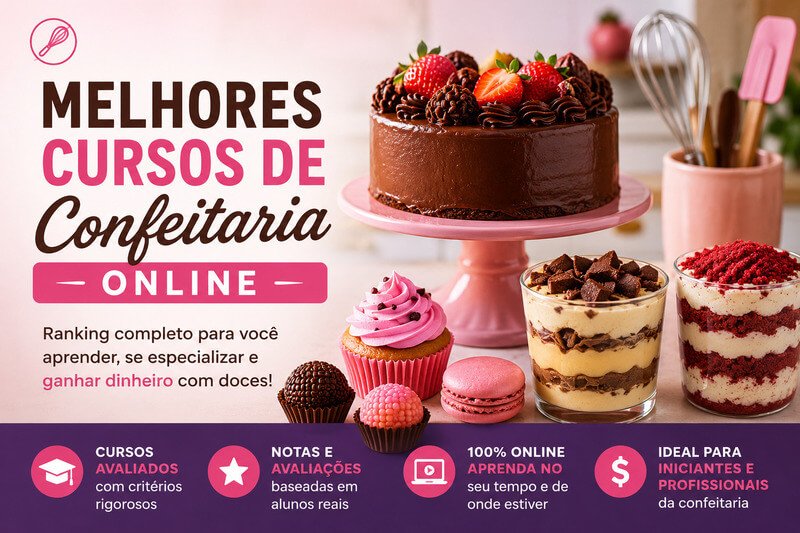 Ranking Dos Melhores Cursos De Confeitaria Online Em 2026 Com Opções Para Iniciantes E Profissionais Que Desejam Aprender Confeitaria E Ganhar Dinheiro Vendendo Doces.