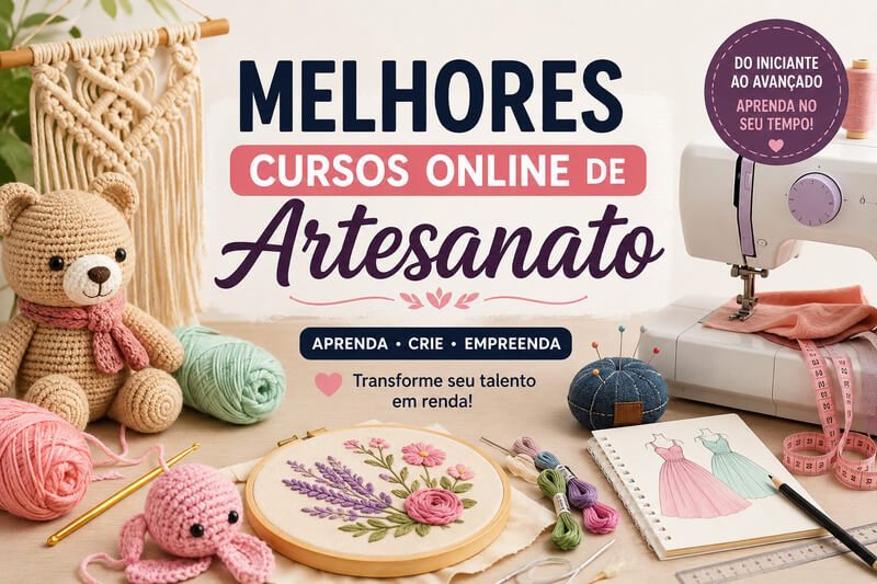 Materiais De Artesanato Como Macramê, Bordado, Amigurumi, Costura E Modelagem Representando Um Guia Com Os Melhores Cursos Online De Artesanato.