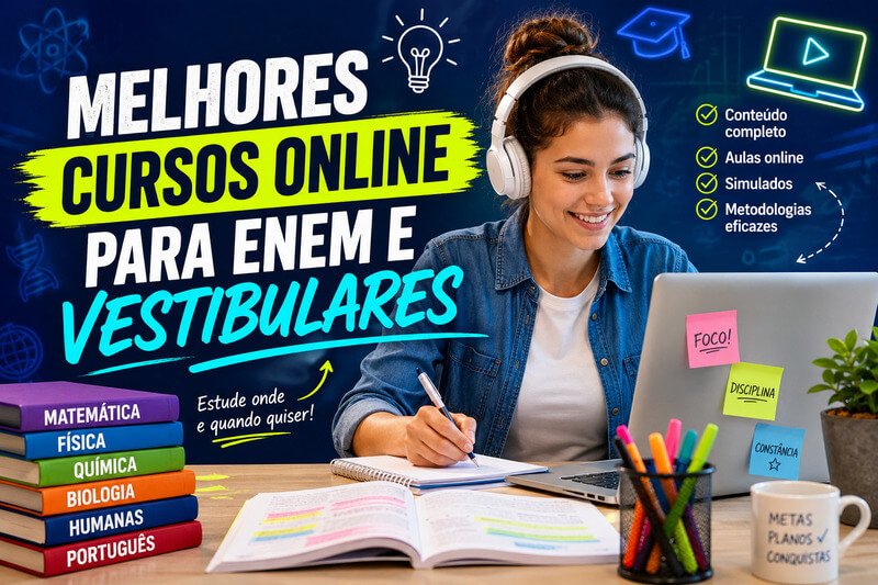Estudante Utilizando Um Computador Para Estudar Para O Enem E Vestibulares, Com Livros, Materiais De Estudo E Elementos Que Representam Matemática, Física, Química, Biologia, Português E Ciências Humanas.