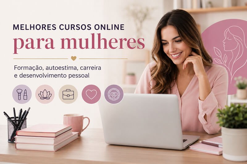 Mulher Estudando Em Frente A Um Computador Rodeada Por Elementos Que Representam Beleza, Autoestima, Maternidade, Relacionamentos, Carreira E Desenvolvimento Pessoal.