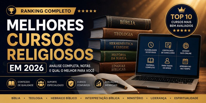 Capa Do Ranking Dos Melhores Cursos Religiosos Em 2026 Com Cursos De Bíblia, Teologia, Hebraico Bíblico, Interpretação Bíblica, Liderança Cristã E Formação Ministerial.
