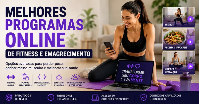 Montagem Representando Os Melhores Programas Online De Fitness E Emagrecimento, Com Treinos Em Casa, Alimentação Saudável, Bem-estar, Comunidade E Acompanhamento Profissional.