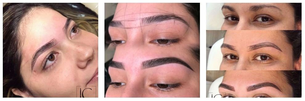 Exemplos de sobrancelhas modeladas com técnicas de mapeamento facial e design personalizado.