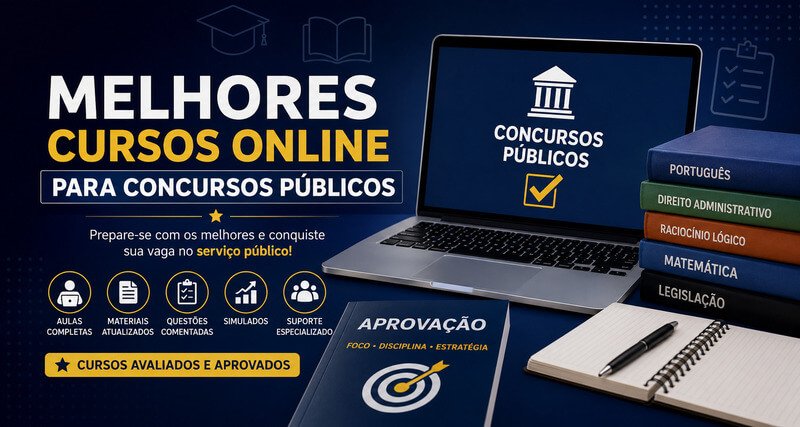 Pessoa Estudando Para Concursos Públicos Em Um Ambiente Moderno Com Computador, Livros E Materiais De Estudo, Representando Um Guia Com Os Melhores Cursos Online Para Concursos Públicos.