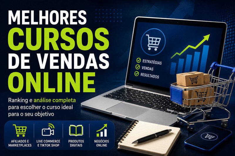 Notebook Com Gráfico De Vendas E Carrinho De Compras, Representando Os Melhores Cursos De Vendas Online Em 2026.