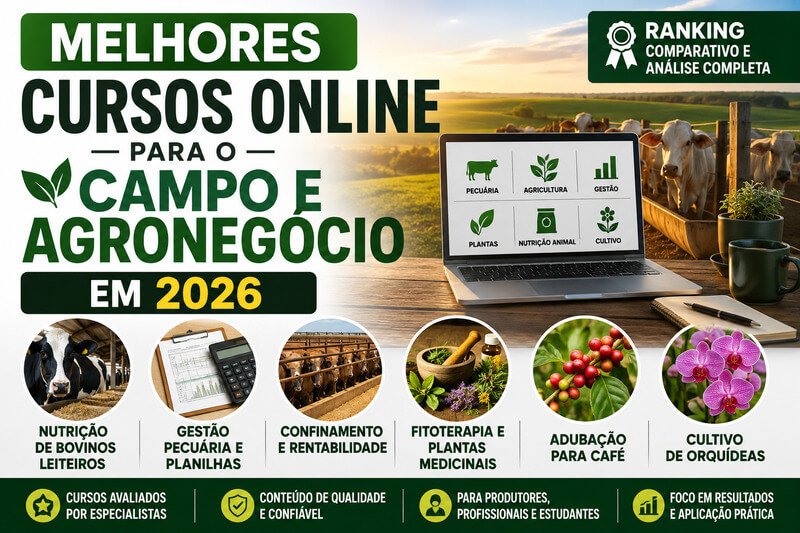 Imagem Representando Os Melhores Cursos Online Para O Campo E Agronegócio Em 2026, Com Pecuária, Gestão Rural, Confinamento, Cafeicultura, Plantas Medicinais E Cultivo De Orquídeas.